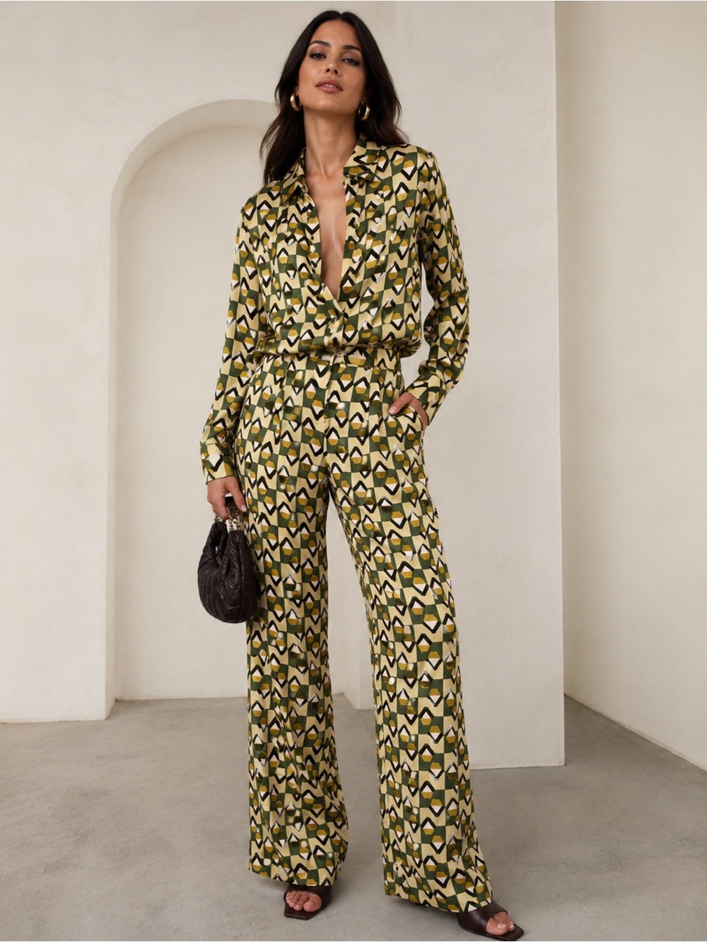 Zara Two Piece geometric Print Wide-Leg Pants set